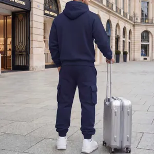 Men's navy blue autumn winter hooded tracksuit featuring cargo joggers, stylish back view.
