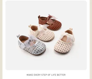 Collection of woven baby girls' bow princess shoes in silver, beige, and brown hues