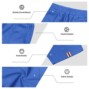 Details van blauwe sneldrogende shorts: tailleband, zak en wafelstructuur van de stof.