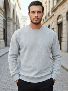 Men's autumn casual light grey jacquard crew neck sweatshirt featured in street style photography
