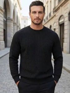 Classic black cable-knit sweater for men with a round neck for casual autumn style