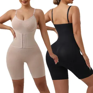 High waist tummy control shapewear bodysuit with front hooks for women, nude and black.