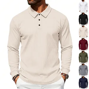 Detailed macro view of men's ribbed long sleeve polo shirt showing multi-color options.