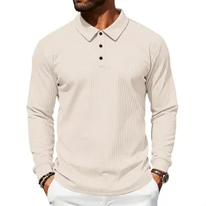 Detail of men's beige long-sleeved ribbed polo shirt with buttoned collar