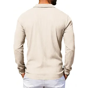 Detailed back view of a men's beige ribbed texture long-sleeve polo shirt with lapel collar