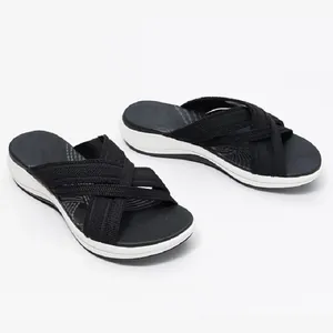 Damen Sommer Lässig Keilabsatz Plateau Pantoletten Flyknit Kreuzgurt Offene Zehe Strand Sandalen Atmungsaktive Weiche Sohle Schuhe