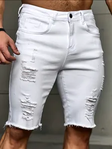 Short en jean blanc élégant pour homme avec trous déchirés et ourlets effilochés