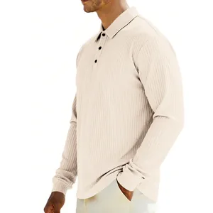 Detailed view of men's beige ribbed long sleeve polo shirt featuring a classic collar
