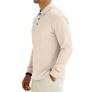 Side profile detail of a men's loose fit long-sleeve Polo shirt with cream ribbed texture