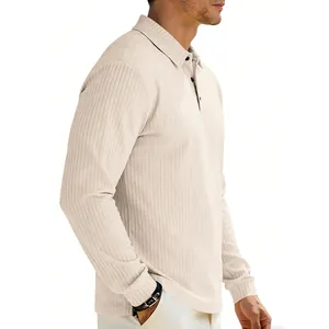 Side profile of a men's cream ribbed long-sleeve Polo shirt with lapel collar.