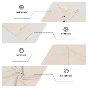 Detail collage of beige long-sleeve polo shirt showing collar, cuff, hem, and ribbed fabric