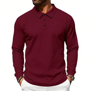 Detailed view of burgundy ribbed long-sleeve polo shirt for men in casual business style