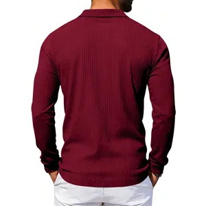 Detailed back view of a men's burgundy long-sleeved Polo shirt with ribbed jacquard texture