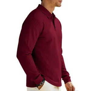 Detailed side view of a men's burgundy long-sleeved polo shirt featuring a ribbed texture
