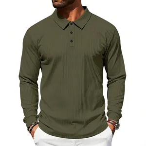 Detailed view of an olive green ribbed long-sleeve polo shirt featuring a three-button placket
