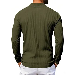 Close-up back detail of men's olive green ribbed long-sleeve polo shirt with lapel collar