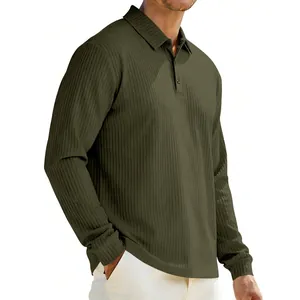 Macro detail showing the olive green ribbed texture of this loose fit polo shirt