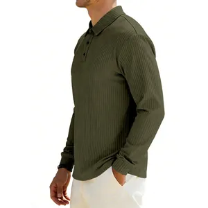Side view detail of a olive green long sleeve ribbed polo shirt with casual fit
