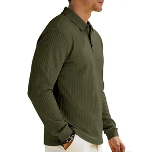 Side view detail of men's olive green long sleeve polo shirt with ribbed jacquard texture
