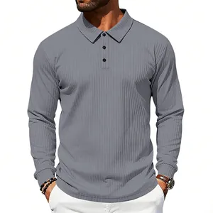 Detail of gray long-sleeved polo shirt featuring a textured vertical ribbed knit fabric