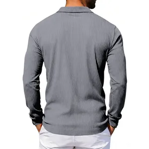 Back view of a grey long sleeve ribbed polo shirt for men in casual business style