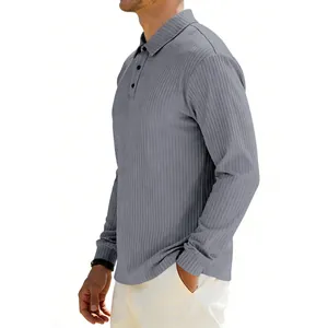 Detailed side view of grey men's long-sleeved polo shirt featuring a ribbed texture
