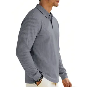 Detail shot of men's grey long sleeve Polo shirt showing ribbed texture and collar
