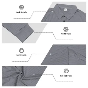 Detail view of grey ribbed long sleeve Polo shirt showing neck, cuffs, and fabric texture