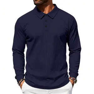 Detail view of navy blue ribbed long-sleeve polo shirt with a business casual style