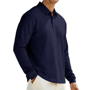 Close-up of men's navy blue long-sleeve Polo shirt with jacquard ribbed texture
