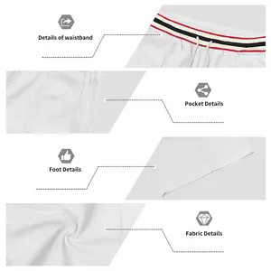 Vues détaillées du short de sport blanc gaufré montrant la ceinture, la poche et le tissu.