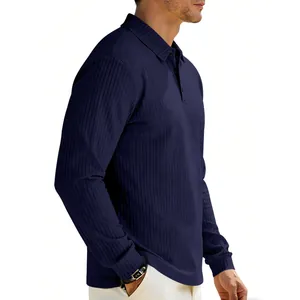 Side view of navy blue long-sleeved Polo shirt with vertical ribbed jacquard texture