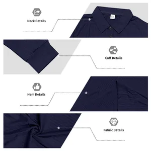 Detailed macro view of navy blue ribbed long-sleeve Polo shirt fabric and tailoring.