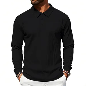 Close-up of a men's black long-sleeve polo shirt with vertical ribbed texture