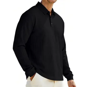 Detailed view of black men's long-sleeved polo shirt with vertical ribbed texture