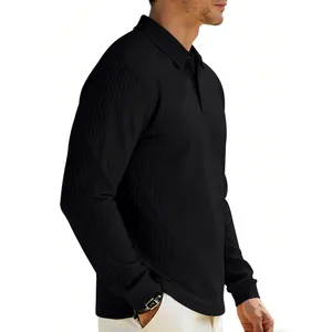 Close-up view showing the high-quality vertical rib knit texture of this black long-sleeved Polo shirt