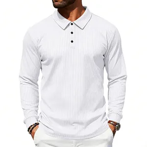 Detail view of men's white long-sleeve ribbed polo shirt with textured fabric