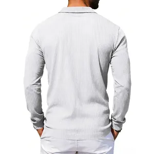 Back view detail of men's white long-sleeved polo shirt with vertical ribbed texture