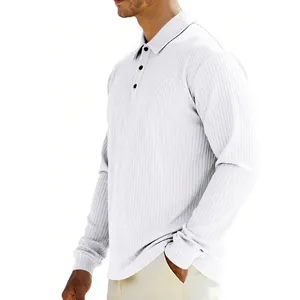 Detailed macro view of white ribbed texture on a men's long sleeve polo shirt