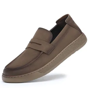 Premium men's vintage brown leather loafers featuring thick soles and high-quality textured finish