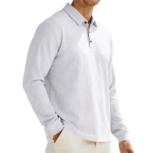 Detailed view of men's long-sleeve polo shirt featuring a textured ribbed fabric.