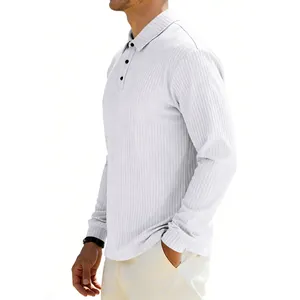 Side profile detail of a men's white ribbed long-sleeve polo shirt with black buttons