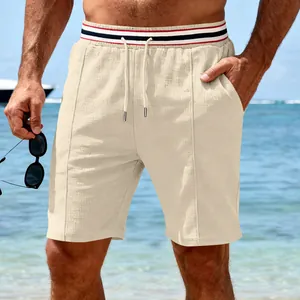 Men's beige waffle knit casual beach shorts with striped drawstring waist