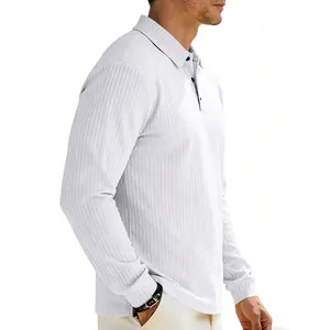 Side view of a white long-sleeved polo shirt showing vertical jacquard ribbed texture