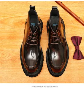 Top-down view of men's leather boots with burnished gradient finish and thick soles