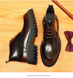 Detailed top view of premium burnished brown leather men's boots with thick lug soles