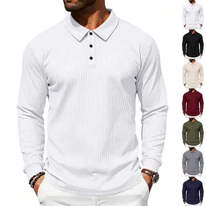 Men Long Sleeve Polo Shirt Business Casual Turn-down Collar Ribbed Jacquard Texture Loose American Style Polyester Top