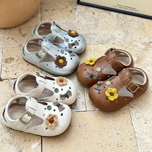 Girls Cartoon Hollow T-Strap Sandals Microfiber Leather Breathable Casual Shoes For Toddler Little Kids Beige Silver Brown