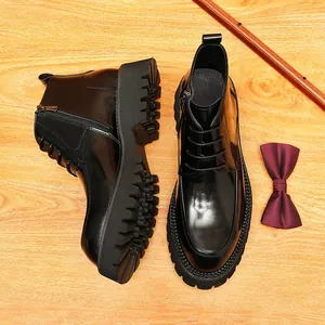 High-gloss black leather men's Martin boots with a thick lug sole and side zipper