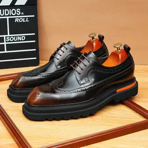 Men's British Style Brogue Carved Top Grain Leather Shoes Platform Thick Sole Burnished Brown Black Formal Business Oxford Shoes